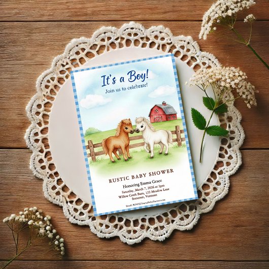 Little Pony Baby Boy Shower Gingham Invitation ポストカード