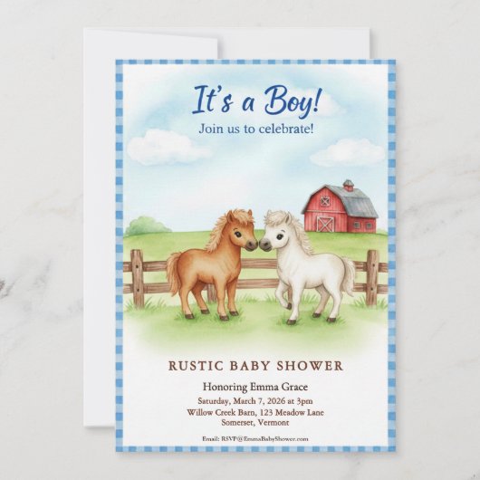 Little Pony Baby Boy Shower Gingham Invitation 招待状 (正面)