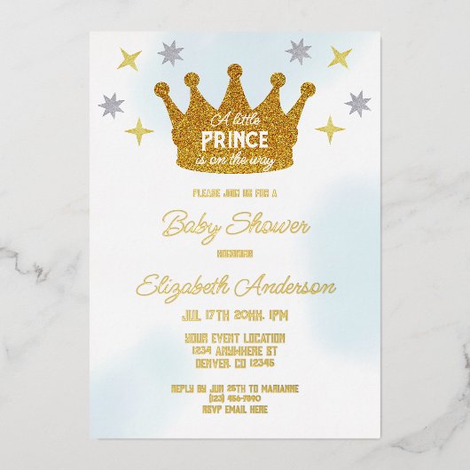 Little Prince Boy Baby Shower 箔招待状 (正面)