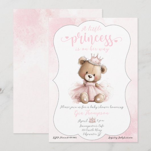 Little Princess Baby Shower Invitation with Teddy  招待状 (正面/裏面)