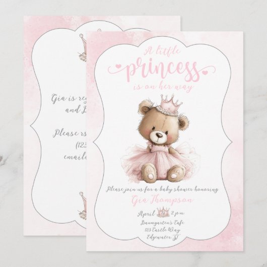 Little Princess Baby Shower Invitation with Teddy  招待状 (正面/裏面)