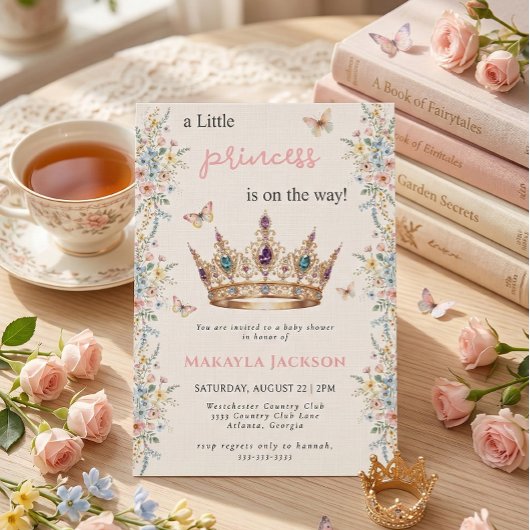 Little Princess Crown Floral Butterfly Baby Shower 招待状