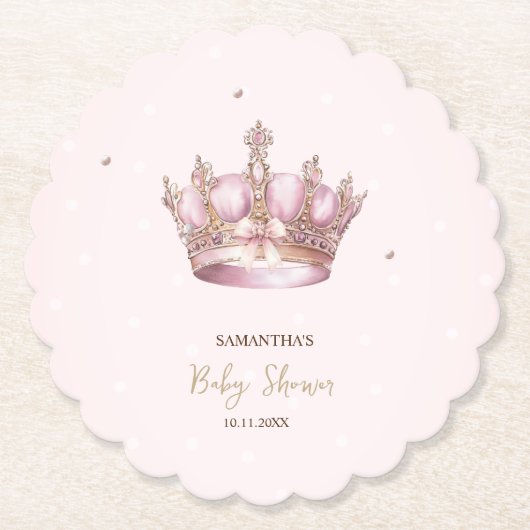 Little Princess Crown Pearls Dots Baby Shower ペーパーコースター (正面)