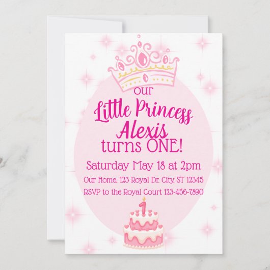 Little Princess First Birthday, Pink Crown 招待状 (正面)