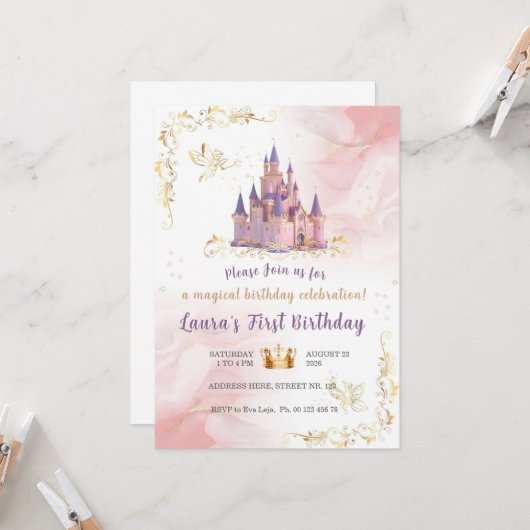 Little princess Theme invitaion. Kids party. 招待状 (正面/裏面インサイチュ)