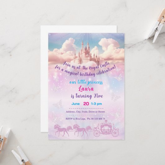 Little princess Theme invitaion. Kids party. 招待状 (正面/裏面インサイチュ)