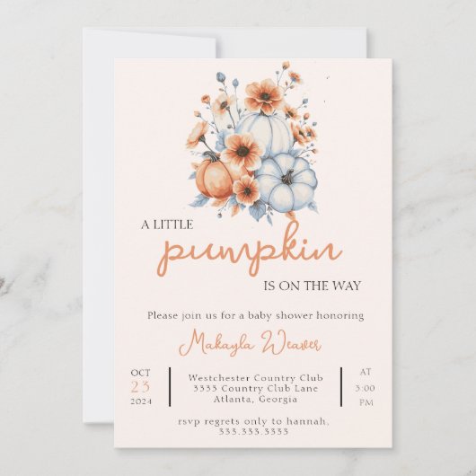 Little Pumpkinが途中で編集可能なベビースワーナー 招待状 (正面)