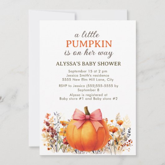 Little Pumpkin彼女の方法で秋の赤ちゃんシャワー 招待状 (正面)