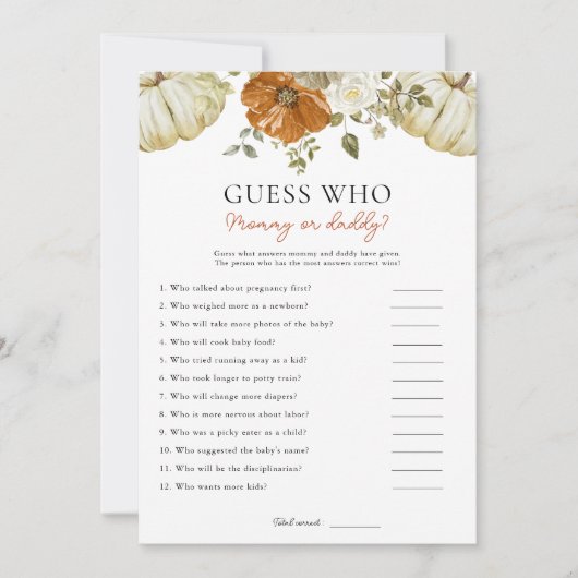 Little Pumpkin推測誰が赤ちゃんシャワーのゲームカード シーズンカード (正面)