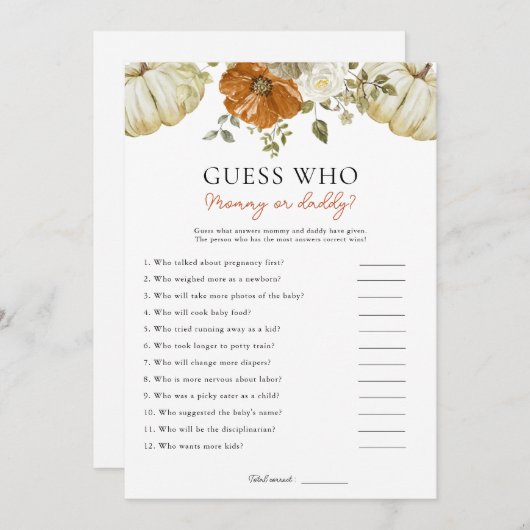 Little Pumpkin推測誰が赤ちゃんシャワーのゲームカード シーズンカード (正面/裏面)