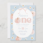 Little Pumpkin 1st Birthday Daisies Blue Pink Bow 招待状 (正面)