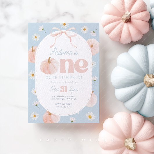 Little Pumpkin 1st Birthday Daisies Blue Pink Bow 招待状