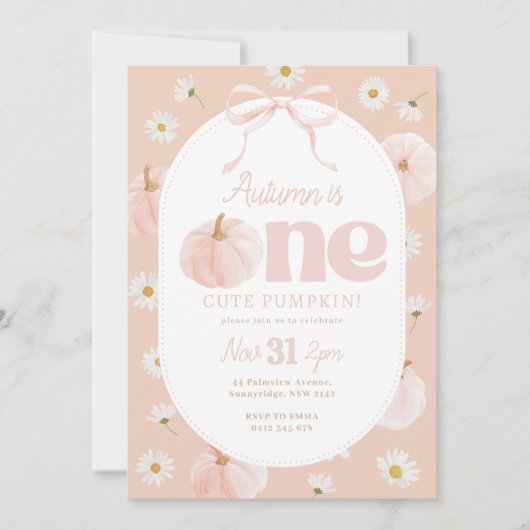 Little Pumpkin 1st Birthday Daisies Peach Bow 招待状 (正面)