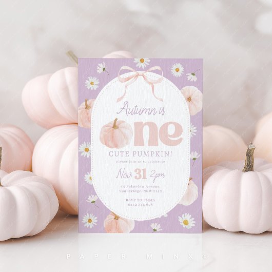 Little Pumpkin 1st Birthday Daisies Purple Bow 招待状