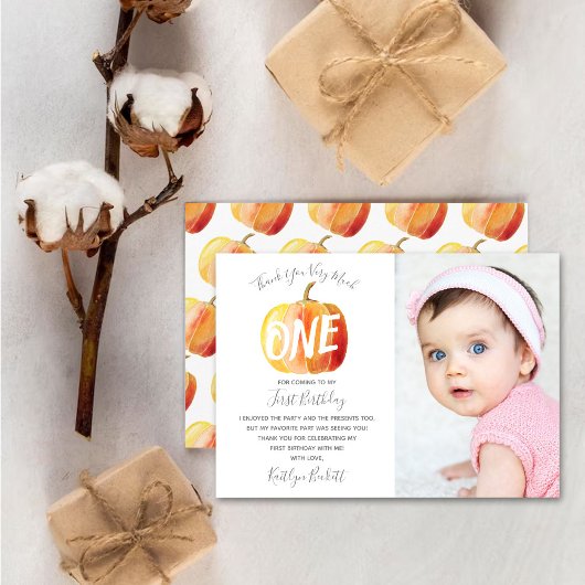 Little Pumpkin 1st Birthday Photo サンキューカード