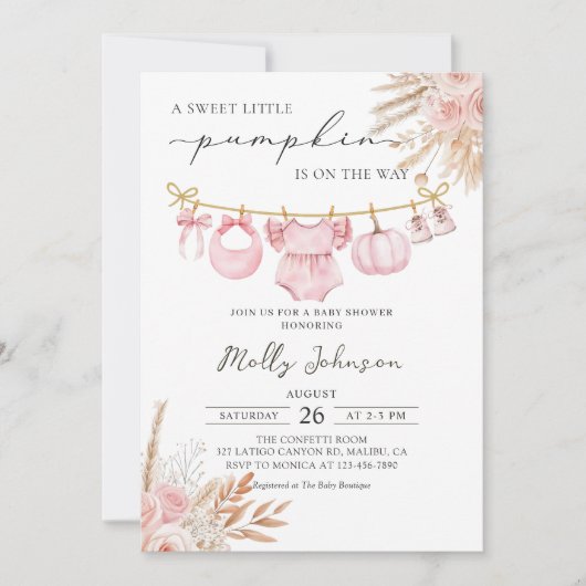 Little Pumpkin Baby Clothesline Fall Baby Shower 招待状 (正面)