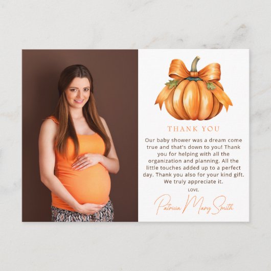 Little Pumpkin Baby Shower Photo Thank You ポストカード (正面)