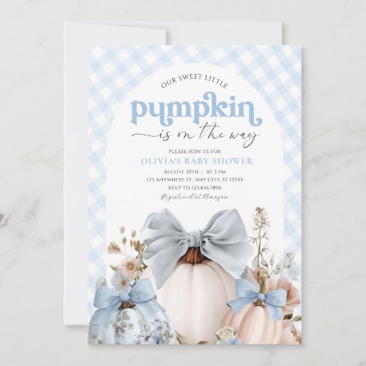 Little Pumpkin Blue Boy  Greenery Baby Shower 招待状 (正面)