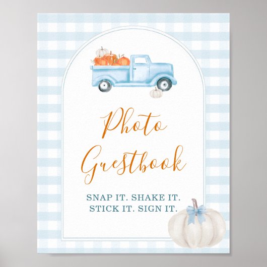 Little Pumpkin Blue Truck Gingham Photo Guestbook ポスター (正面)