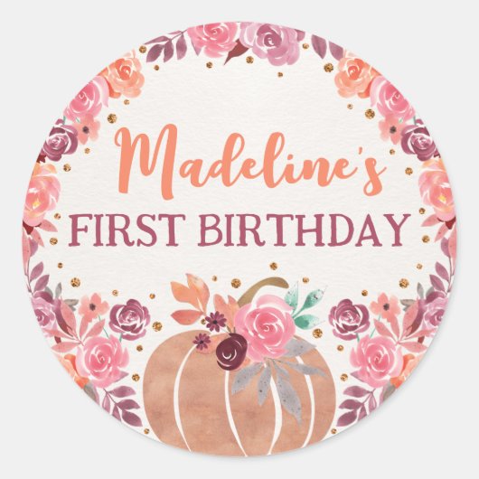 Little Pumpkin Boho Floral 1st Bday Sticker ラウンドシール (正面)