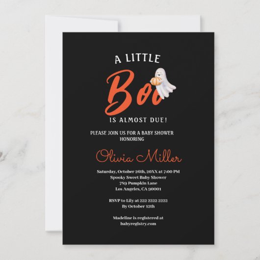 Little Pumpkin Boo – Halloween Baby Shower  招待状 (正面)
