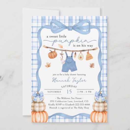 Little Pumpkin Boy Clothes Fall Baby Shower 招待状 (正面)