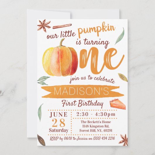 Little Pumpkin Fall 1st Birthday 招待状 (正面)