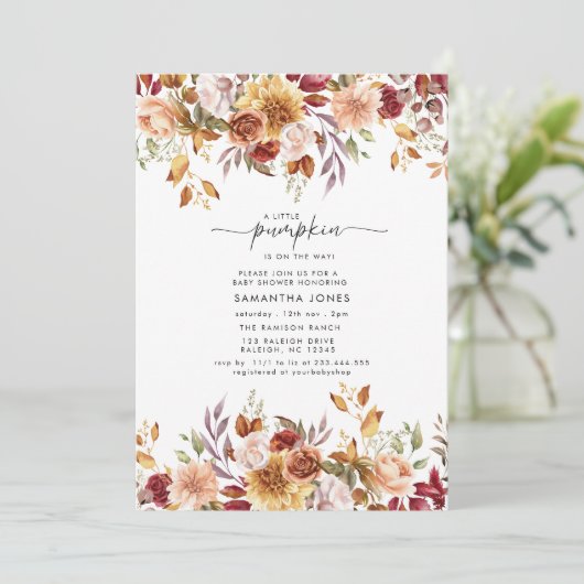 Little Pumpkin Fall Floral Baby Shower 招待状 (スタンド正面)