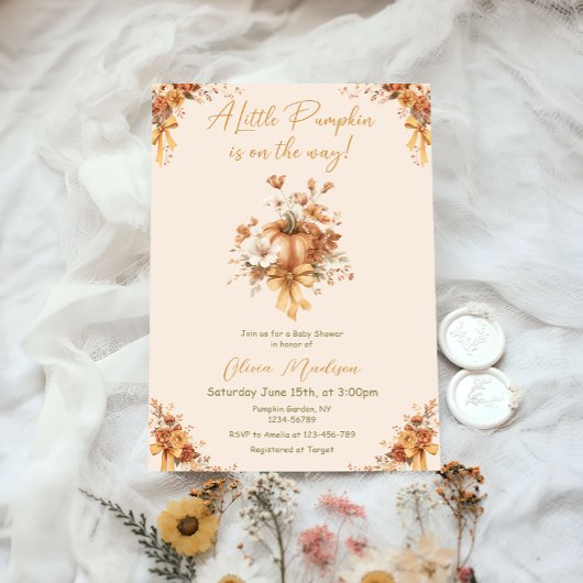 Little Pumpkin Fall Floral Baby Shower Invitation 招待状