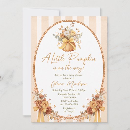 Little Pumpkin Floral Bow Baby Shower Invitation 招待状 (正面)