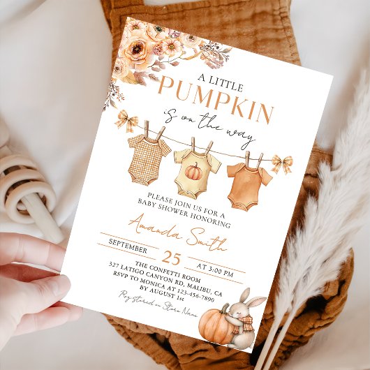 Little Pumpkin Floral Fall Baby Shower Invitation 招待状