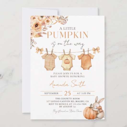 Little Pumpkin Floral Fall Baby Shower Invitation 招待状 (正面)