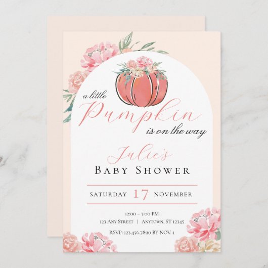 Little Pumpkin Floral Girl Baby Shower 招待状 (正面/裏面)