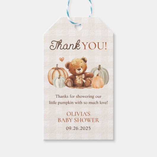 Little Pumpkin Gingham Bear Fall Baby Shower Favor ギフトタグ (正面)