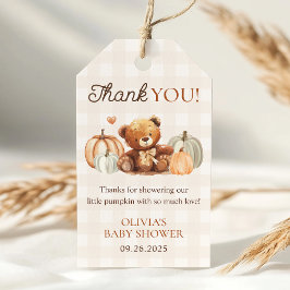 Little Pumpkin Gingham Bear Fall Baby Shower Favor ギフトタグ