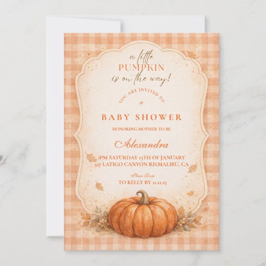 Little Pumpkin Gingham Fall Baby Shower 招待状 (正面)