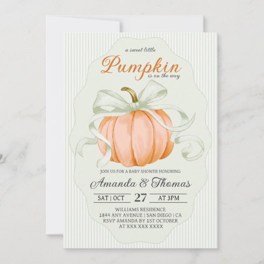 Little Pumpkin Green Bow Baby Shower 招待状 (正面)