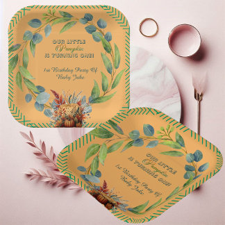 Little Pumpkin Greenery Wreath Fall Pumpkin Peach ペーパープレート