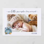 Little Pumpkin Has Arrived Baby Boy Announcement 案内状 (正面)