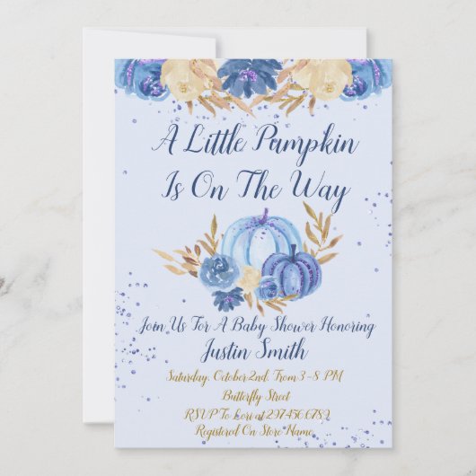 Little Pumpkin Is On The Way Blue Baby Shower 招待状 (正面)