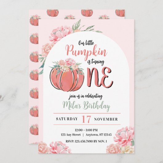 Little Pumpkin Modern Floral Girl Fall Birthday 招待状 (正面/裏面)