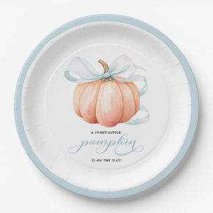 Little Pumpkin on the Way Blue Bow Baby Shower ペーパープレート