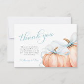 Little Pumpkin on the Way Blue Bow Boy Baby Shower サンキューカード (正面)