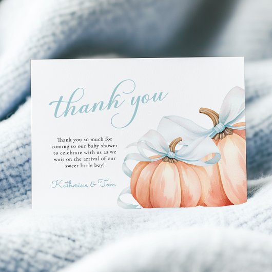 Little Pumpkin on the Way Blue Bow Boy Baby Shower サンキューカード