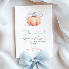 Little Pumpkin on the Way Blue Bow Boy Baby Shower サンキューカード