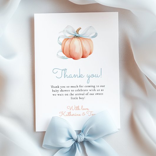 Little Pumpkin on the Way Blue Bow Boy Baby Shower サンキューカード