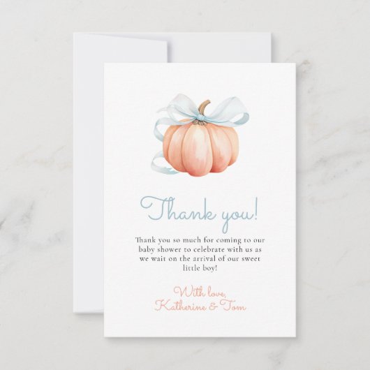 Little Pumpkin on the Way Blue Bow Boy Baby Shower サンキューカード (正面)