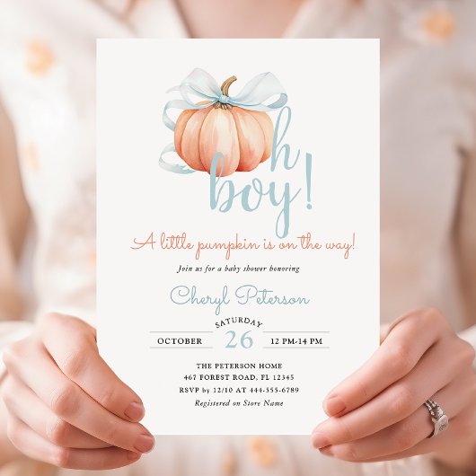 Little Pumpkin on the Way Blue Bow Boy Baby Shower 招待状