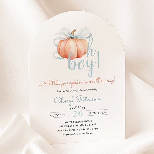Little Pumpkin on the Way Blue Bow Boy Baby Shower 招待状