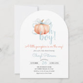 Little Pumpkin on the Way Blue Bow Boy Baby Shower 招待状 (正面)
